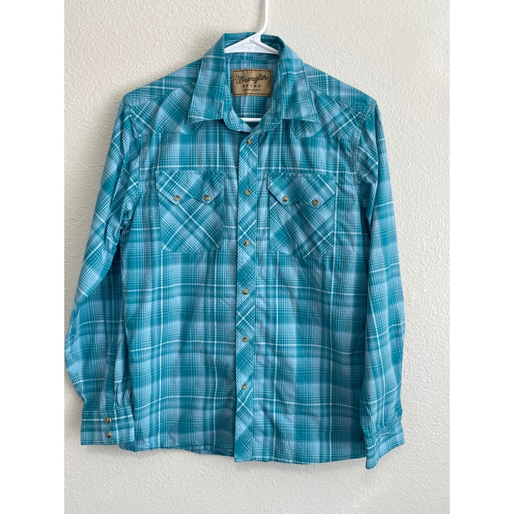 Wrangler Retro Boys XL 14-16 Western Shirt Turquoise Plaid Pearl Snap Excellent